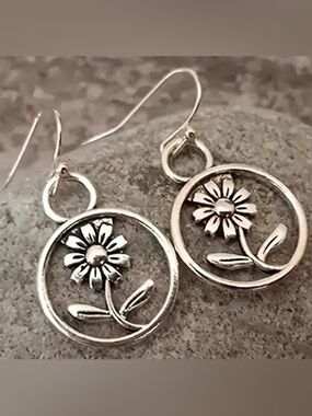Sterling Floral Hoop Drop Earrings - Silver Daisy Design